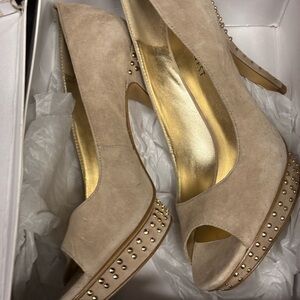 Nordstrom Tan Peep-Toe Heels with Gold Accents
